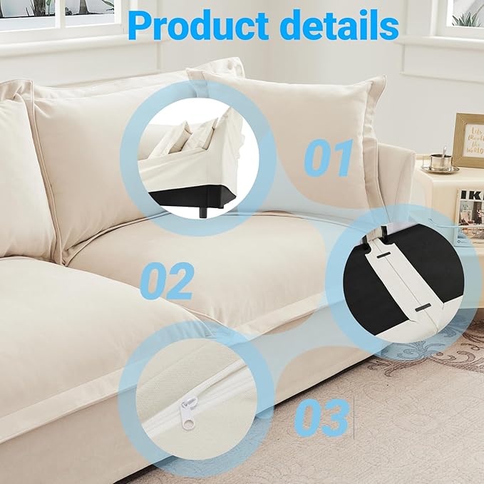 healthomse Chenille Fabric Slipcovered Armchair with Wide Ottoman Deep Seat Living Room Chair Set with 2 Large Soft Pillows (2-Piece) (Cream)