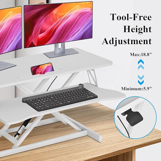 38-Inch Height Adjustable Standing Desk Converter Duals Monitor &amp Laptop Riser with Wide Keyboard Tray Sit to Stand Ergonomic Workstation for Home Office School Business White