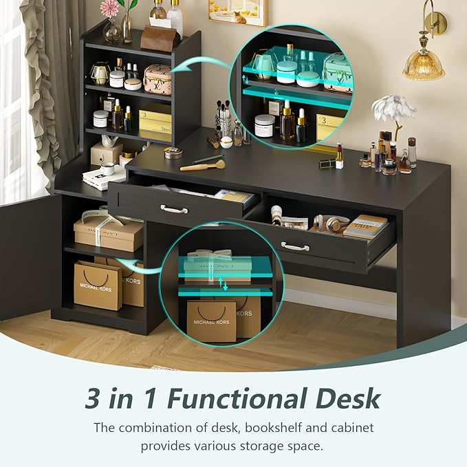 60 Computer Desk with 2 Drawer &amp Bookshelves Home Office Desk with Storage Cabinet &amp Spacious Desktop Writing Gaming Study Table with Bookcase Black