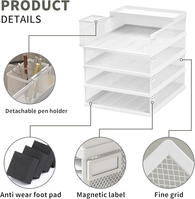 Stackable Letter Trays 4 Tier Metal Paper Tray &amp Desk Organizer Stackable File Trays for Office &amp Home Multi-Functional Document Tray with Fine Grid Design &amp Magnetic LabelsWhite