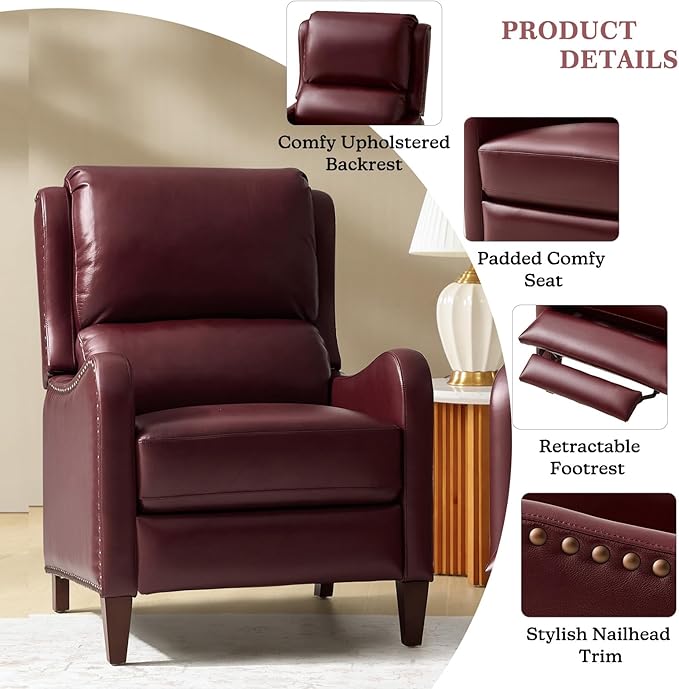 HULALA HOME Genuine Leather Recliner Chair Modern Push Back Recliner Armchair with Thick Seat Backrest &amp Footrest Nailhead Decor for Living Room Bedroom Burgundy