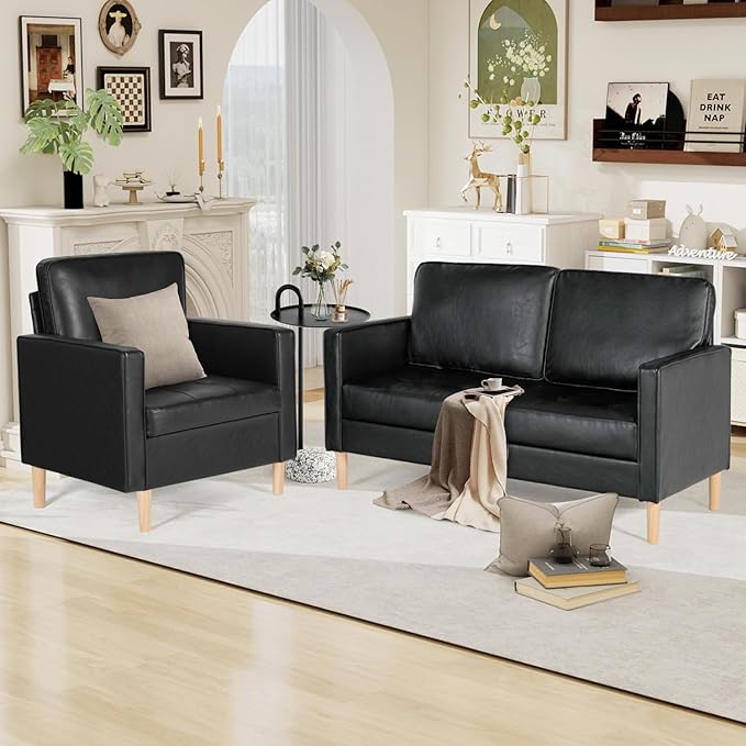 AILEEKISS Mid-Century Sectional Sofa Set for Living Room Faux Leather Office 2 Pcs Couch Set with Armrest Modern Upholstered Loveseat Couches (1-Seater+2-Seater Black)