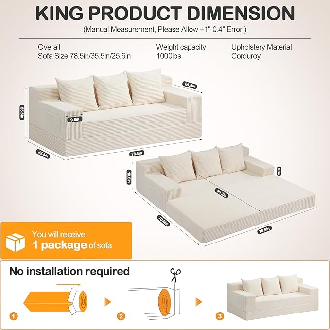 Convertible Futon Sofa Bed Couch 78'' Corduroy Folding Sofas Bed Compression Boneless Floor Couch Sofa Beds with 3 Pillows for Living Room Bedroom Apartment