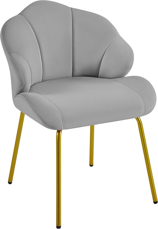 Yaheetech Vanity Chair Velvet Accent Chair with Shell-Shaped Backrest Modern Armchair with Gold Metal Legs for Dressing Room/Bedroom/Living Room Light Gray