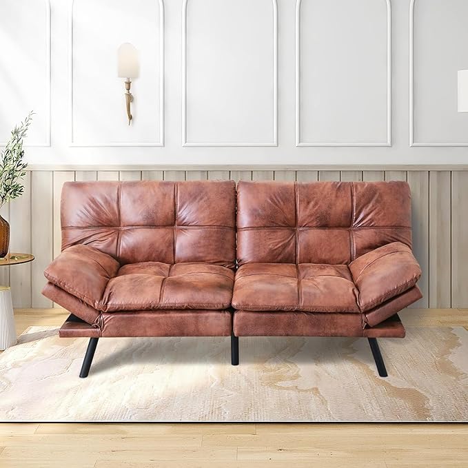 Opoiar Futon Couch Convertible Sofa Bed Memory Foam Faux Leather Brown 3 Seats