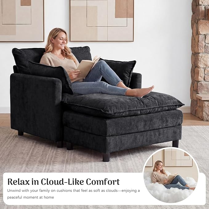 Redlife Modular Single Seat Sofa with Ottoman Chenille Upholstered Accent Chair Spring-Embedded 30D Foam Cushion Removable Covers Solid Wood Frame Easy Assembly Lounge Chair Black