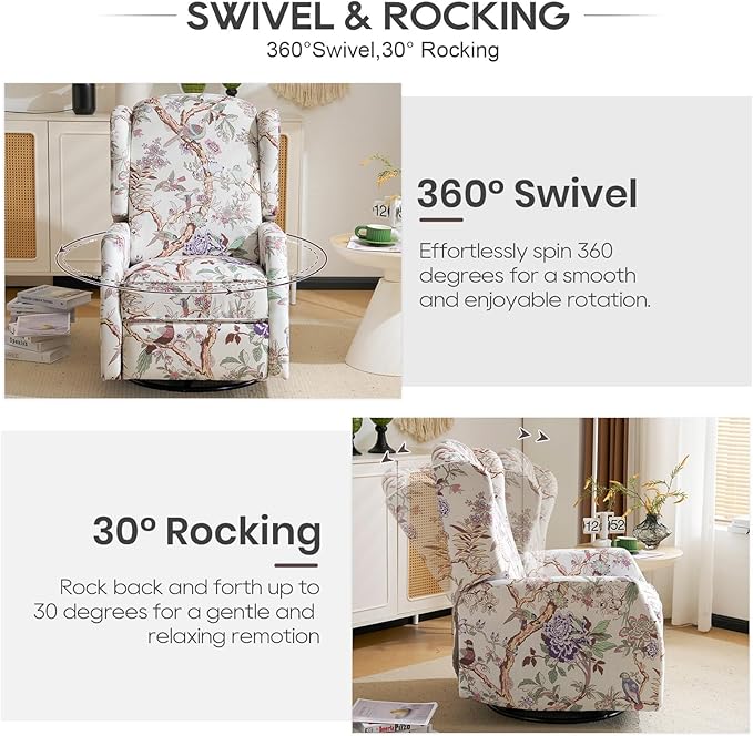 Floral Accent Swivel Rocker Recliner Wingback Recliner Chair with Padded Seat High Back Upholstered Armchair for Living Room Bedroom Home Ofiice (Bird Floral x 2)