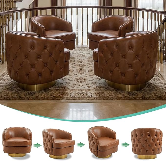 Brown Leather Barrel Swivel Chair Modern PU Accent Chair 360° Rotating with Tufted Back for Living Room Bedroom Office with Removable Cushion Mid-Century Modern Club Seating
