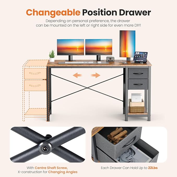 Sweetcrispy 40 Inch Computer Desk with Drawers for Home Office Writing Desk with X-Shaped Reinforcement Wood Table with Adjustable Position Drawers Modern Study Work Table with Side Hook Rust