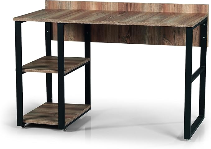 Penau Black Metal Frame Writing and Computer Desk 58In Solid Wood Top with 2 Shelves Home Office Furniture Oak Finish 24In Depth 32In Height 45Lbs Weight