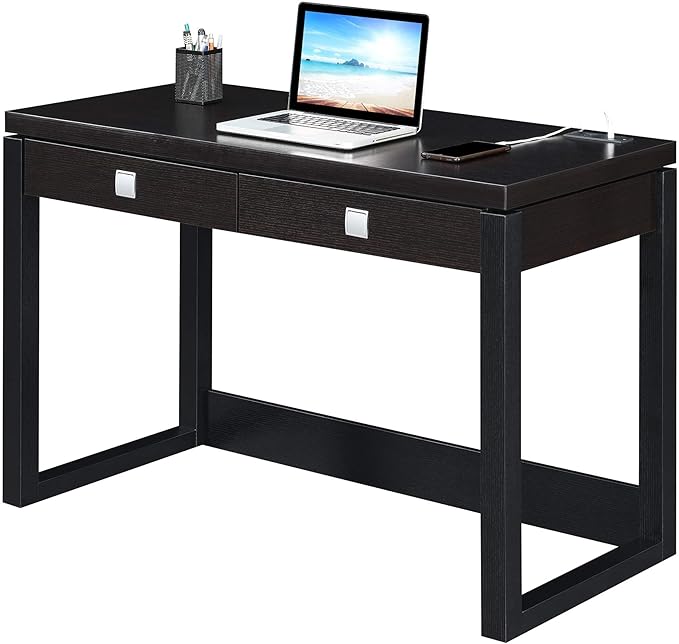 Pemberly Row Two-Drawer Desk with Charging Station Black Wood Finish 47.25 in x 23.25 in x 30.75 in Includes USB Ports and Outlet Concealed Storage Home Office Desk for Workspace Organization