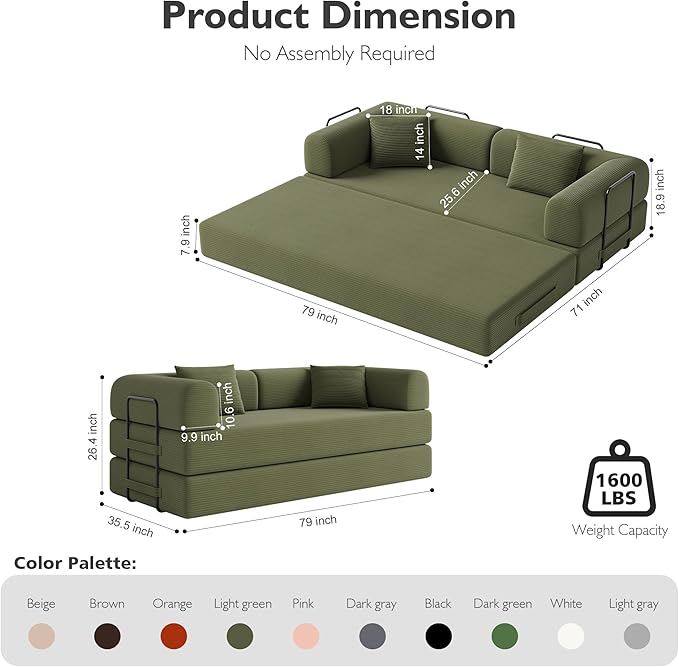 79in Convertible Sofa Bed Corduroy Boneless Couch Bed Futon Sleeper Sofa Pull Out Bed Foldable Couch for Living Room Apartment No Assembly Required