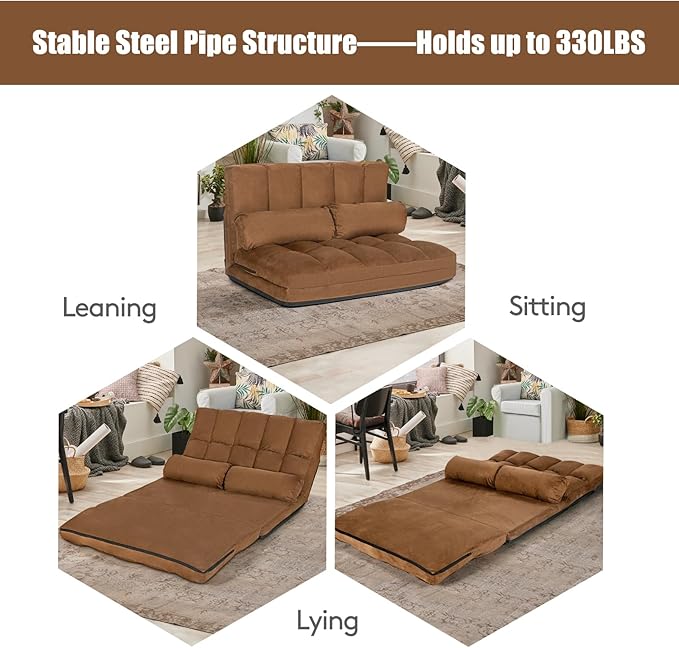 S AFSTAR Convertible Floor Sofa 6-Position Couch with 2 Removable Pillows &amp Thick Sponge Cushion Load 330LBS Adjustable Lazy Sofa Bed for Living Room (Coffee)