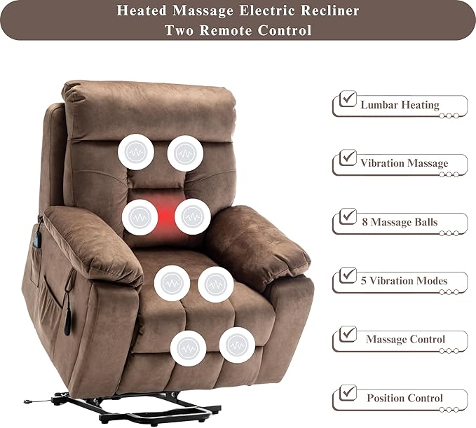 Oversized Power Lift Recliner Chair for Elderly - Extra Wide Big Man Recliner with Heat &amp Massage - Hidden Cup Holder - Single Motor 350 lbs Capacity