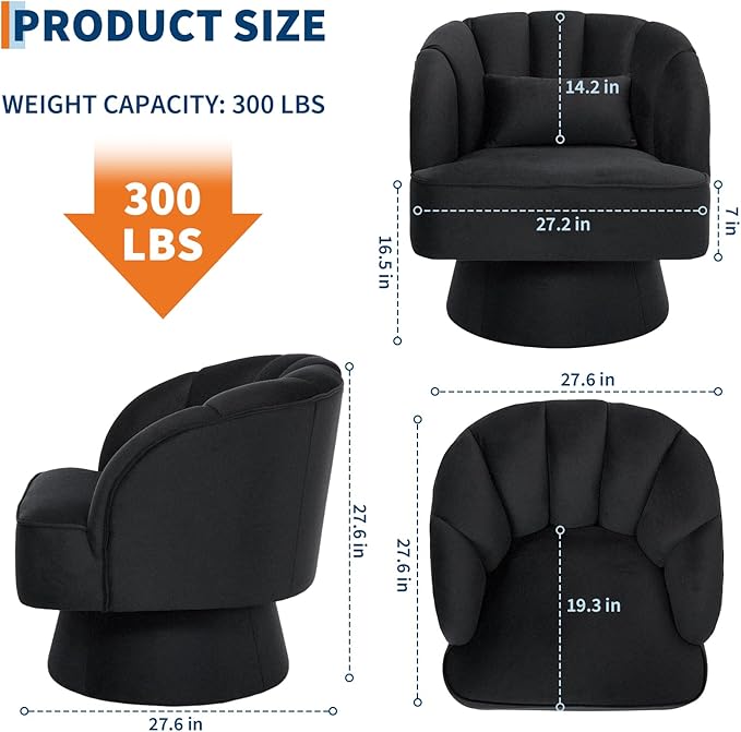 Swivel Accent Chair with Armrest Modern 360 Degree Swivel Round Lounge Chair with Curve Back and Cushion Comfy Upholstered Armchair Single Sofa for Living Room Bedroom Reading Room Black 2PCS