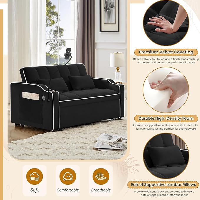 KINFFICT Sleeper Sofa Couch Bed with Phone Holder Modern 3-in-1 Convertible Velvet Pull Out Loveseat Futon Sofa with USB &amp Type C Port &amp Cup Holder for Living Room Bedroom Office