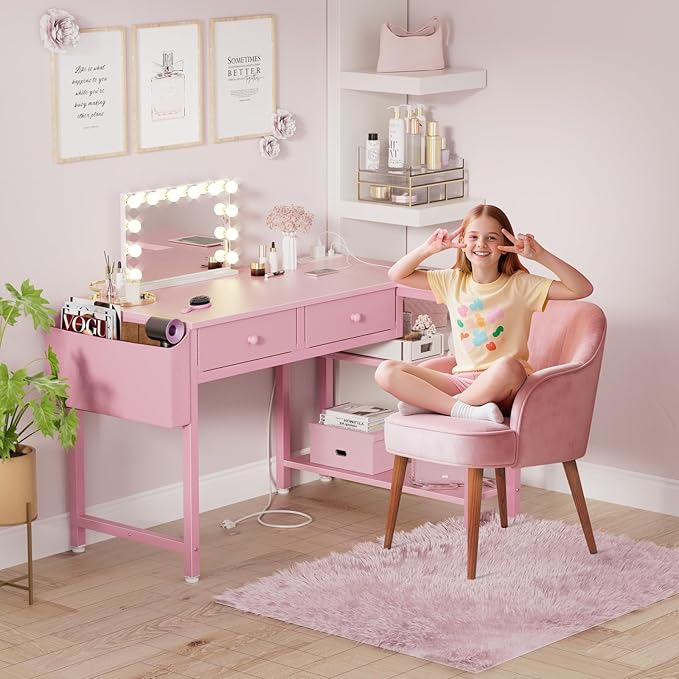 DLisiting Pink Reversible L Shaped Desk with Drawers and Shelves Small Kids Study Vanity PC Computer Desk with Storage for Girls Corner L-Shaped Desks for Small Space Bedroom