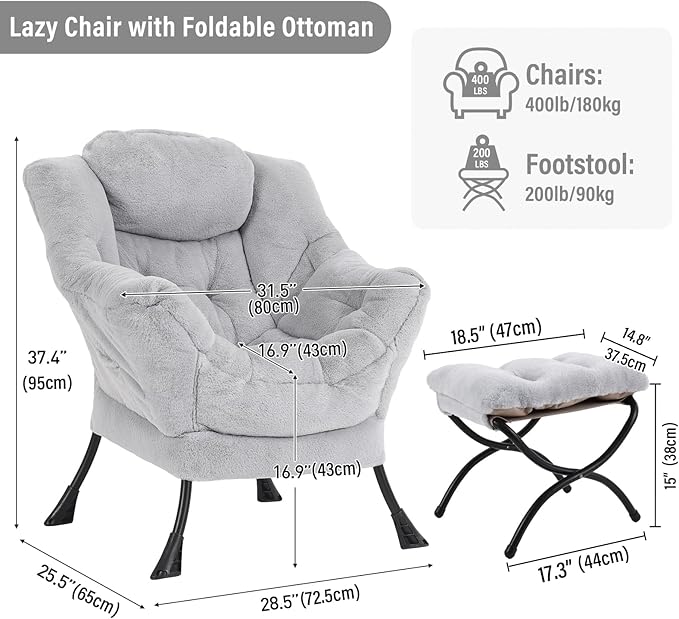Lazy Chair with Ottoman Modern Accent Chair with Armrests and a Side Pocket Plush Grey Accent Chairs Reading Chairs Oversized Armchairs for Bedroom Study Living Room Courtyard