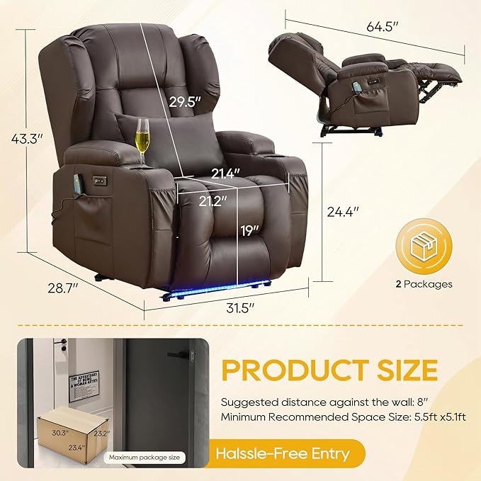IPKIG Power Recliner Chair with Massage and Heat Electric Recliner for Living Room Home Theater Bedroom with LED Lights USB Charger Cup Holders Side Pockets &amp Lumbar Pillow (1 Brown)