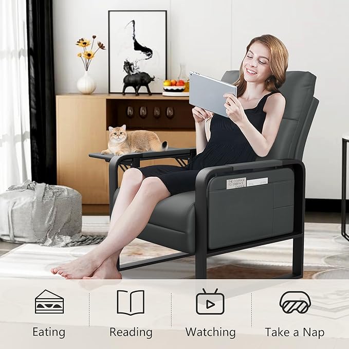 Upholstered Living Room Chair Armchair SetMid Century Faux Leather Accent Chair Loveseat Furniture SetReception Couch Slipper Club Lounge Chair Sofa with Sidetable-Dark Grey(1 Loveseat and 2 Chairs)