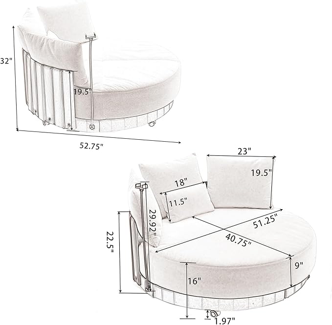 51W Oversized Swivel Accent ChairPolyester Upholstered Extra Large Swivel Barrel ChairRound Chair with WheelsRotating Phone Holderand 4 PillowsLounge Arm Chair for Living RoomBedroom(Grey)