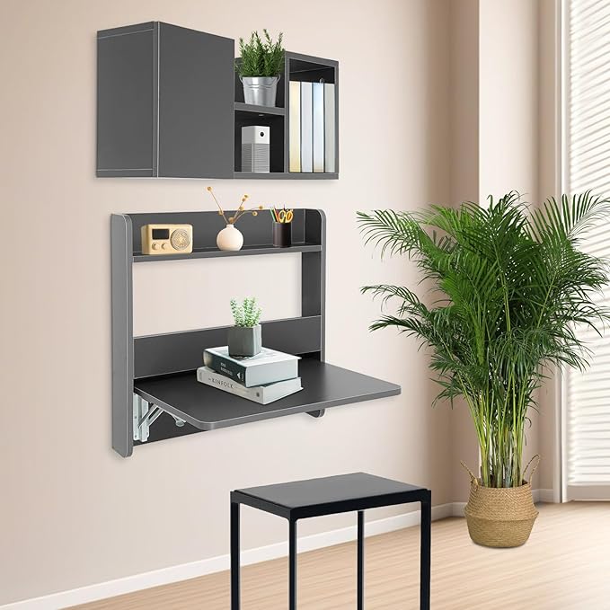 Wall Mounted Folding Desk Solid Wood Floating Laptop Desk with Wall Mounted Bookshelf for Living Room Coffee Shop Apartments 88lbs Table Load-Bearing (Grey)