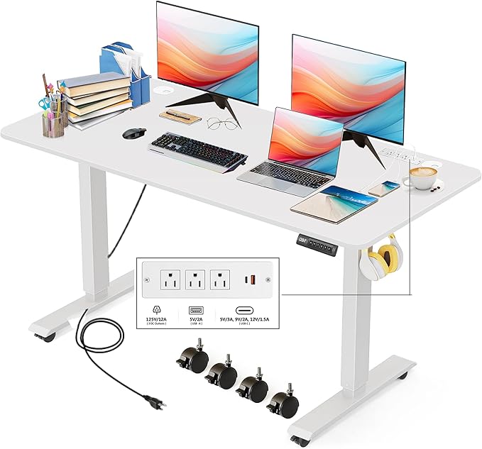 Electric Standing Desk 48x24in Adjustable Height Computer Desk with Wheels Sit-Stand Desk with Charging Station 2 USB Ports 3 Power Outlets Spacious Workstation for Home Office(White)