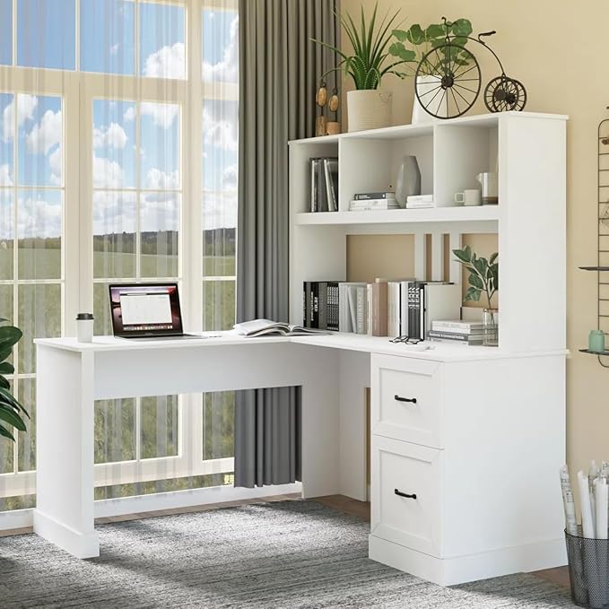 WERSMT Home Office Executive Desks with Drawer Modern Corner Desk with Hutch 60 Large Wood L Shaped Desks with Shelves &amp File Cabinet White