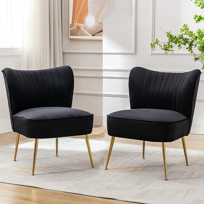 DUOMAY Modern Accent Chair Set of 2 Velvet Slipper Chair with Gold Legs Wingback Side Chair for Living Room Bedroom Entryway Small Corner Chair for Space Saving Black