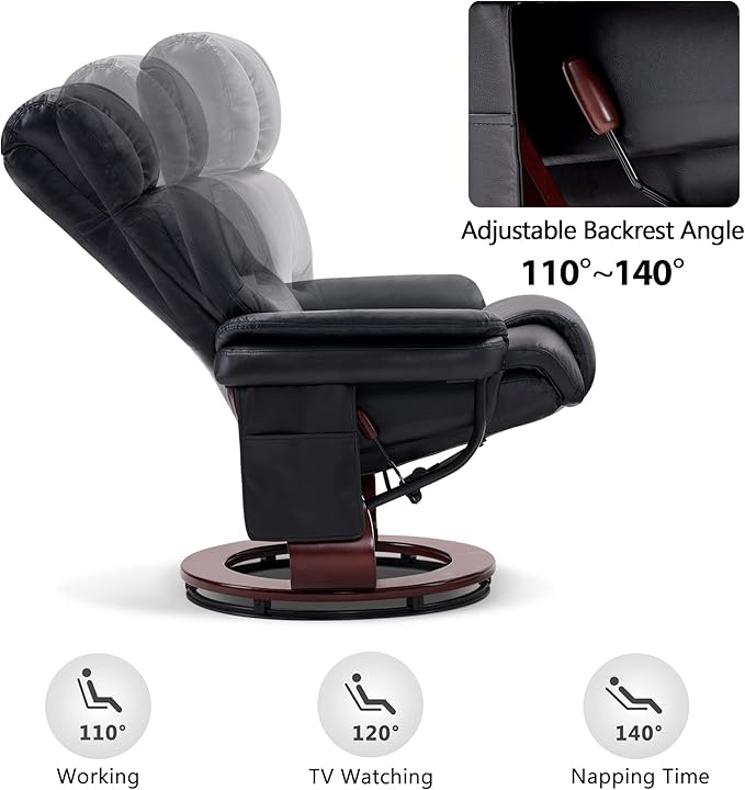 MCombo Swivel Recliners with Ottoman Reclining TV Chairs with Vibration Massage Faux Leather Ergonomic Lounge Chair for Living Room Bedroom 4832 (Black)