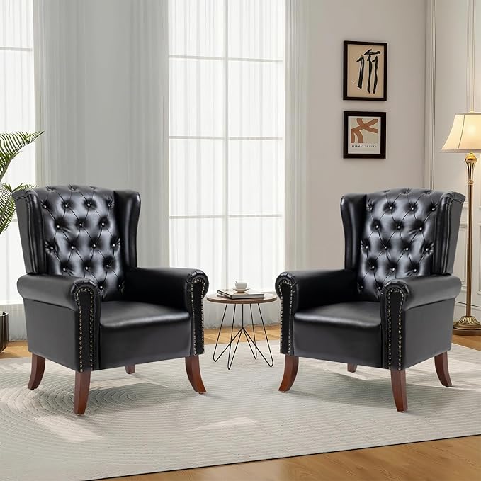 MOJAY Faux Leather Accent Chairs Set of 2 Mid-Century Modern Living Room Chairs Upholstered Club Arm Chair Single Sofa Chair with Solid Wooden Legs for Bedroom Study Home Office Lounges (Black)