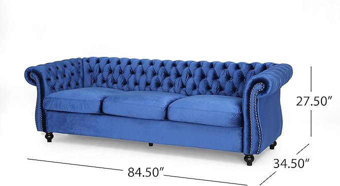 Great Deal Furniture GDFStudio Chesterfield Tufted Jewel Toned Velvet Sofa with Scroll Arms Navy Blue
