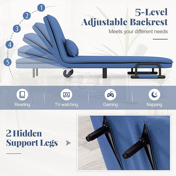Giantex Convertible Sofa Bed 3-in-1 Folding Sleeper Chair with 5-Position Adjustable Backrest Wheels 2 Legs Recliner Chaise Lounge with Pillow Armchairs for Nursery Living Room Office (Blue)