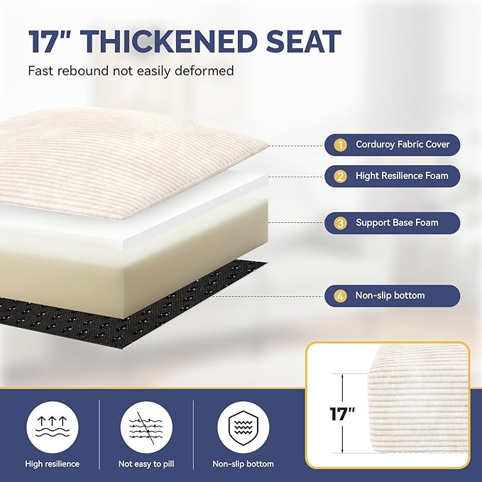 113 U-Shaped Boneless Couch Modern Modular Sectional Sofa with Deep Seat Convertible Corduroy Cloud Couches for Living RoomBeige1 PCS