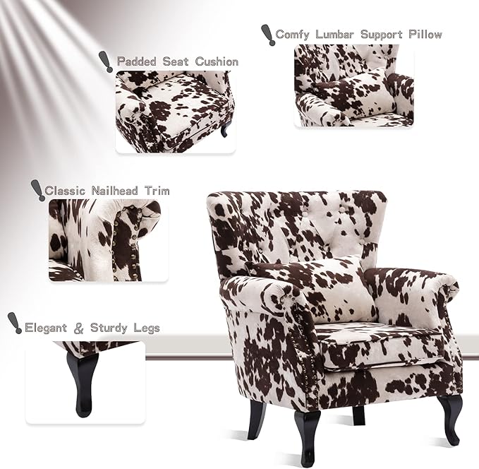 chairus Mid-Century Modern Accent Chair Comfy Tufted Single Sofa Chair Wingback Armchair with Pillow for Club Living Room Bedroom - Velvet Cow