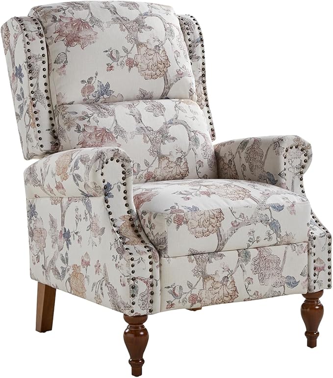 Pushback Recliner Chair Upholstered Floral Fabric Wingback Chair Single Sofa Accent Chair with Wood Legs and Rivet Decoration for Living Room Bedroom Navy Floral