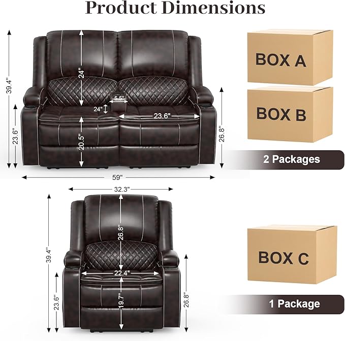 Loveseat Lounger Sofa Set with 2 Layers Cushion Living Room 2+1 Piece 2 Seater Reclining Double Sofa Leather with Removable Console 1 Oversized Lounger Sofa Seats