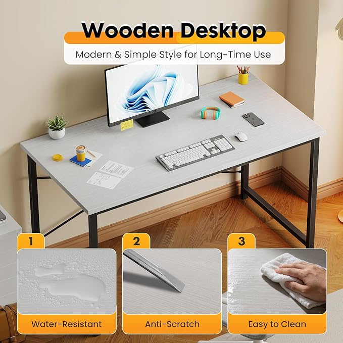 NEWBULIG 47.2” Computer Desk White Office Writing Desks Compact Study Table Student Bedroom Home Work PC Workstations with Metal Frame Wood Tabletop Small Spaces