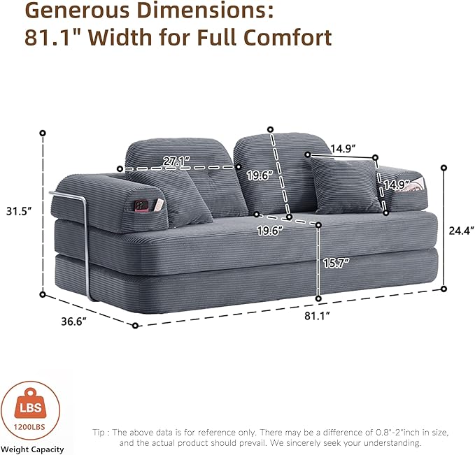 Convertible Modular Sofa Bed with Large Backrest Support &amp Storage Pockets Modern Corduroy Floor Couch for Small Apartment &amp Limited Space Ergonomically Designed Furniture (Gray 82'')