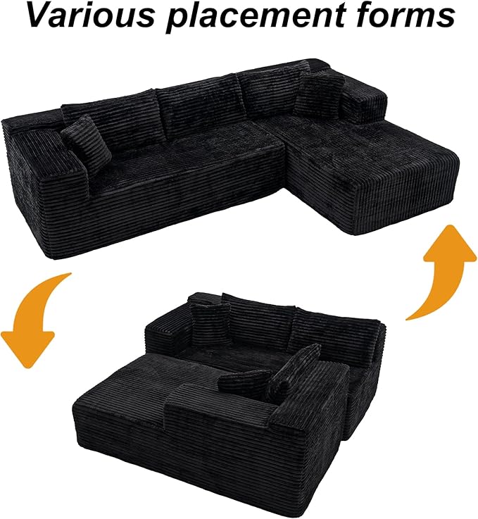 FUFU&ampGAGA 105.9” Modular Sectional Sofa with Chaise L-Shape Corduroy Cloud Couch with Pillows Modern Boneless Sofa for Living Room Apartment No Assembly Required Black 105.9”W x 68.9”D x 26.4