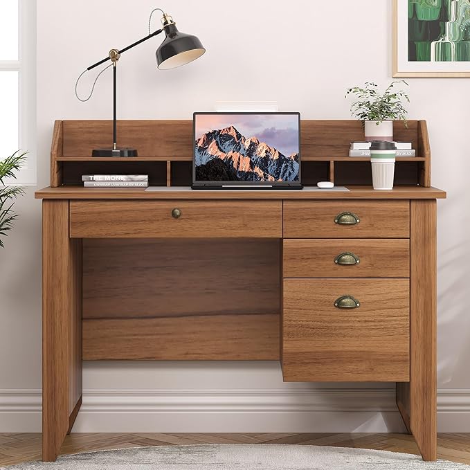 4 EVER WINNER Wooden Desk with Drawers Small Desk with Monitor Stand and File Drawe Writing Desk with Drawers for Bedroom Small Spaces Walnut