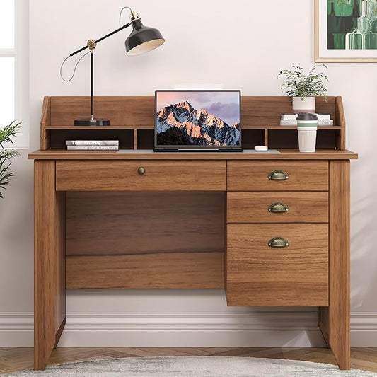 4 EVER WINNER Wooden Desk with Drawers Small Desk with Monitor Stand and File Drawe Writing Desk with Drawers for Bedroom Small Spaces Walnut