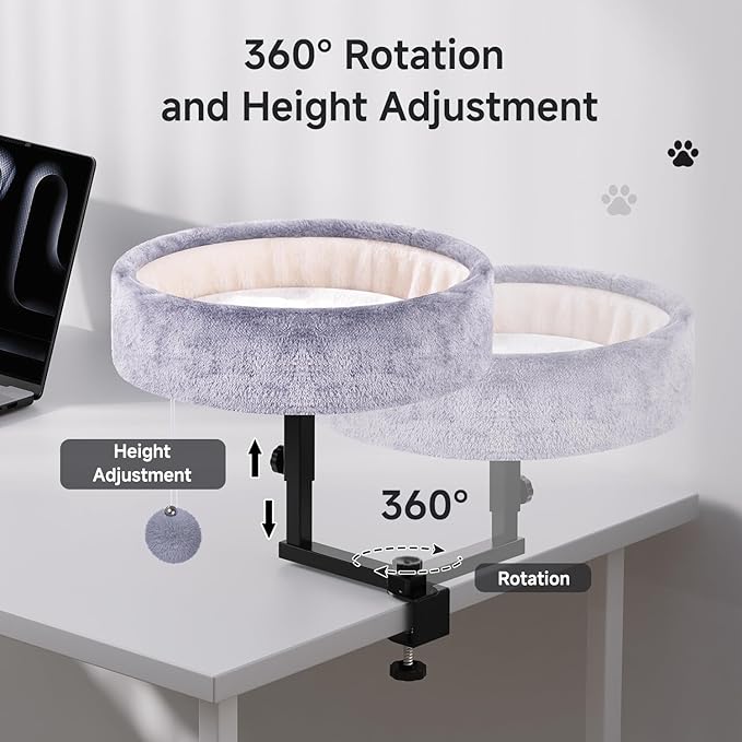 Cat Desk Bed - 360° Rotating &amp Adjustable Supports 44 lbs Soft Faux Fur with Dual-Sided Reversible Mat Modern Indoor Cat Nest Furniture for Office Desks and Game Tables Island Table