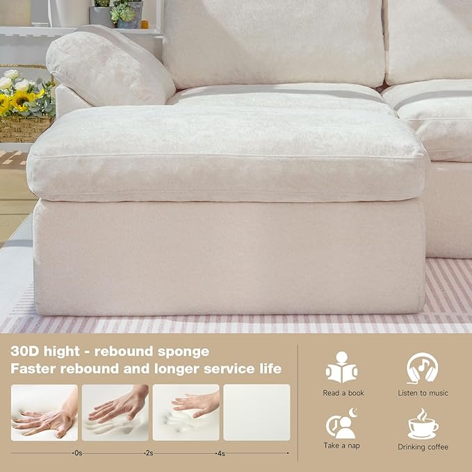5 Seater Modular Sectional Cloud Couch 108 ”Comfort U-Shaped Boneless Couch for Living Room Deep Seat Sofa Bed with 2 Movable Ottoman High-Res ilience Sponge No Assembly Required White