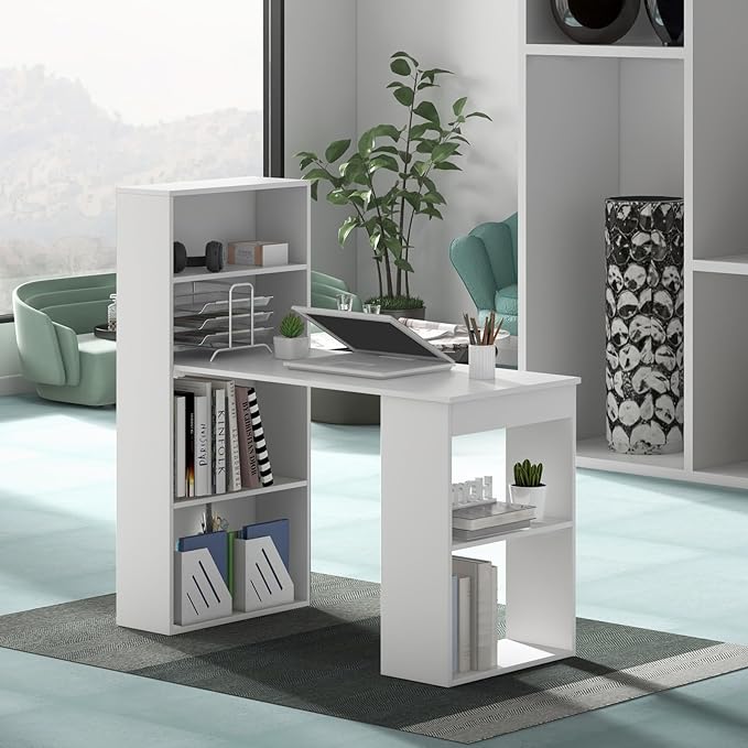 Giantex 48 Inch Computer Desk with Bookshelf 3-in-1 Home Office Desk with 4-Tier Bookcase &amp CPU Stand Space-Saving Reversible Writing Desk Work Table for Bedroom Study Room Office (White)