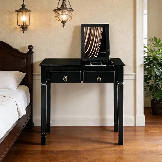 PADMA HOUSE Flip Top Wood Makeup Vanity Desk with Mirror Small Dressing Table with Two Drawers Flip-up Wooden Writing Desk Secretary Table in Black for Bedroom Living Room