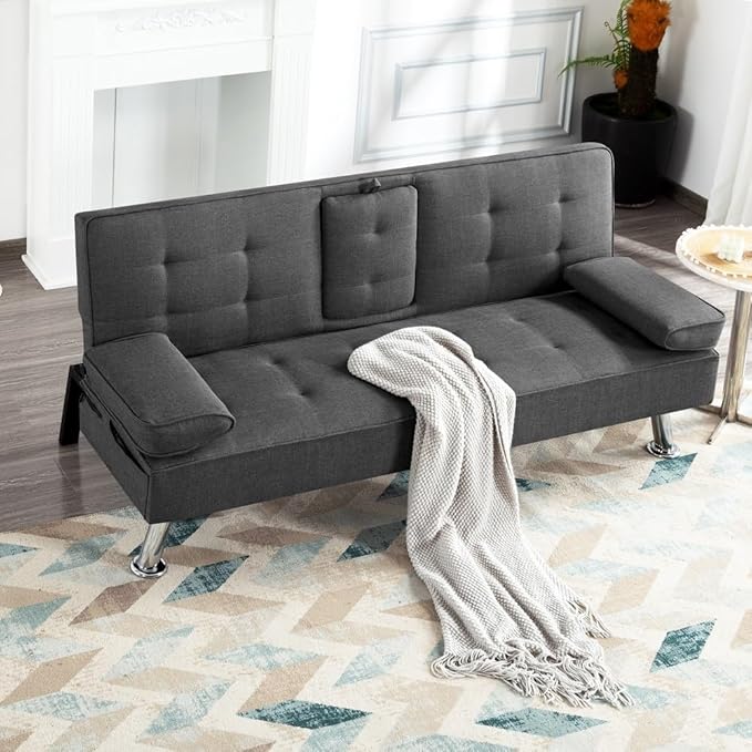 Sofa Bed Adjustment Sofa Double-Sided Double Sofa Folding Sofa Bed GuestbedcupholderBed Modern PU and Polyester Lounge Chair (Dark Grey)