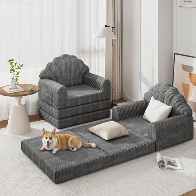 Folding Sofa Bed with Back Support 2-in-1 Convertible Futon Sleeper Chair for Adult 75 D x 34 W Fold Out Bean Bag Floor Foam Lounger Couch for Living Room Bedroom Small Space Grey