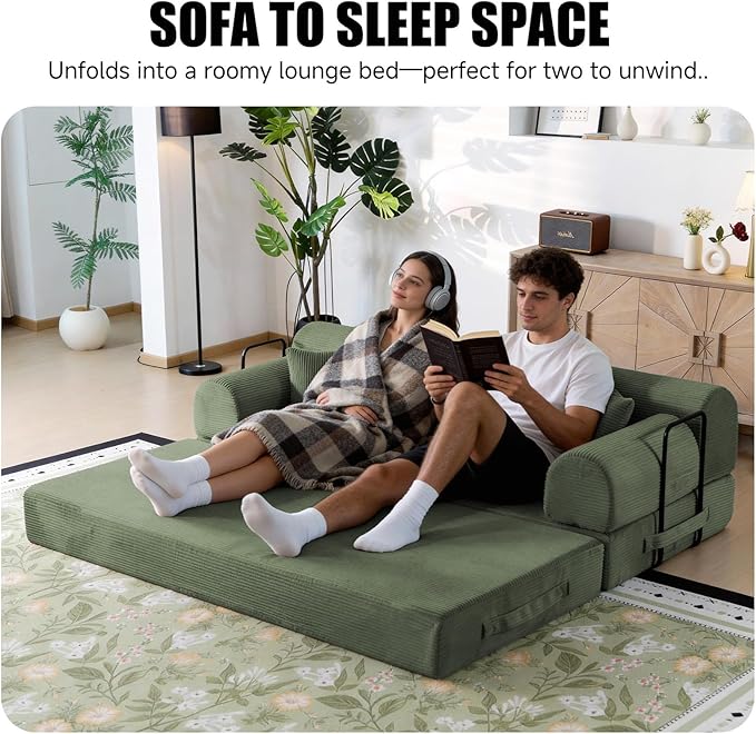 78.8 Boneless Memory Foam Couch Corduroy Convertible Floor Sofa Bed Fold-Out Sleeper Futon Loveseat Wide Armrests &amp Supportive Back 1200 lb Couch in a Box 2 Pillows Light Green