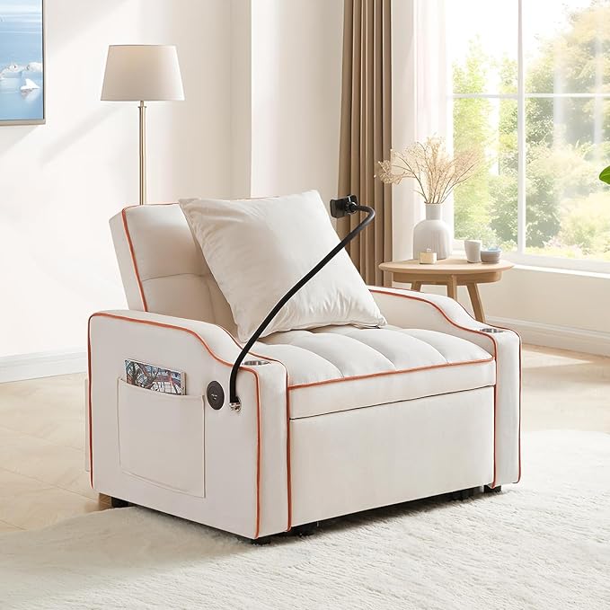 Convertible Sleeper Sofa Chair Bed 3 in 1 Velvet Single Small Futon Sofa Bed with Phone Holder &amp USB PortsPull Out Couch Recliner with Adjustable Backrest for Living Room Office Small Place(Be